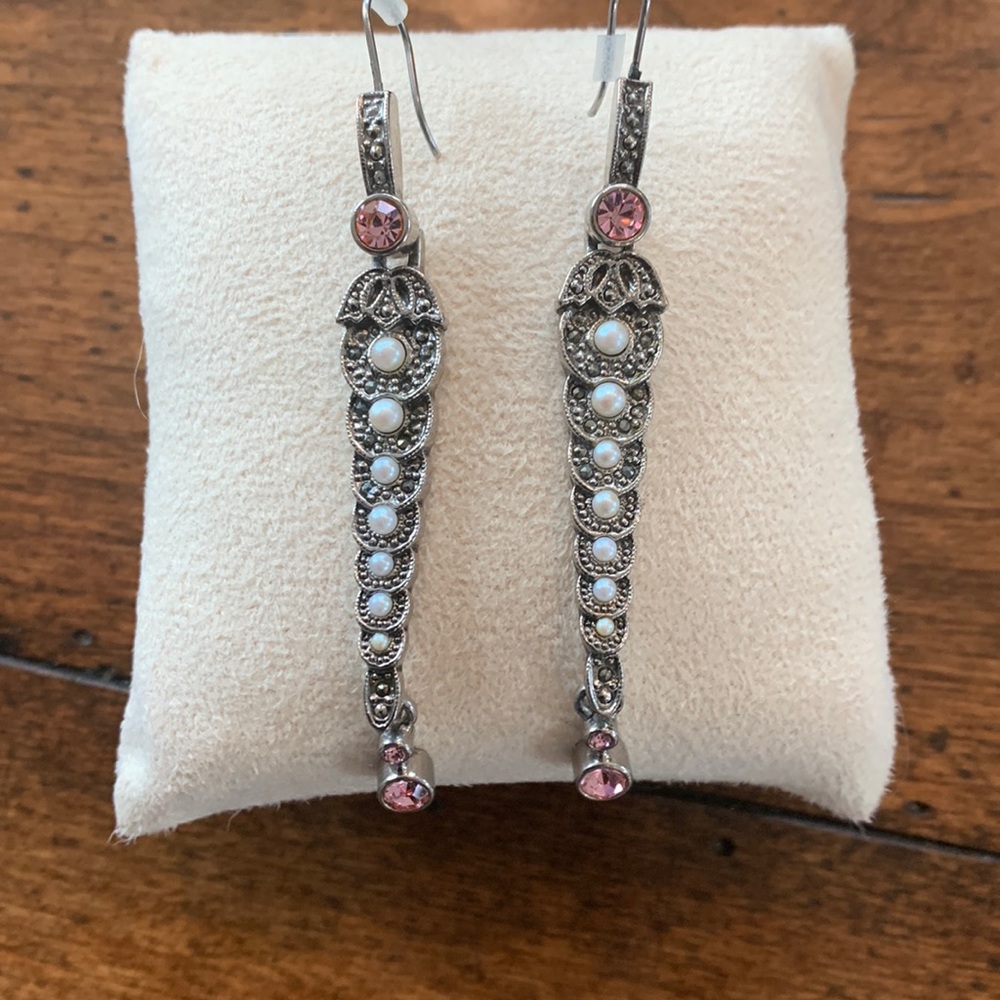 Silver drop earrings costume ornate with Marcasite, pearls & pink stone